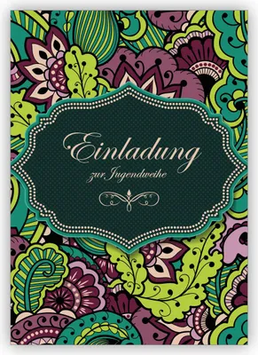 Produktbild von 4x Elegante grüne Einladungskarte für Jungen und Mädchen mit Blütenmuster: Einladung zur Jugendweihe