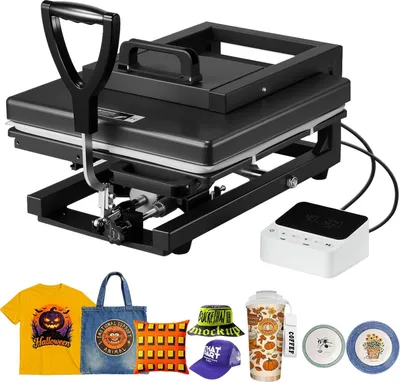 Zdjęcie produktu dla Prasa transferowa – prasa termiczna 5 w 1 i prasa sublimacyjna – 38 x 38 cm – szybkie, równomierne nagrzewanie – do koszulek, kubków, czapek, talerzy – czarna