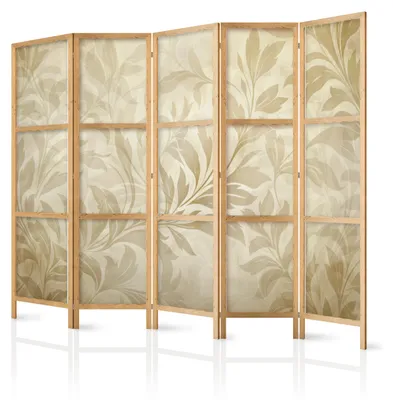 Immagine prodotto di Pannello divisorio giapponese, 5 ante, pieghevole, realizzato in tessuto non tessuto di alta qualità, motivo retrò con foglie, ideale per il soggiorno, dimensioni 225 cm x 172 cm