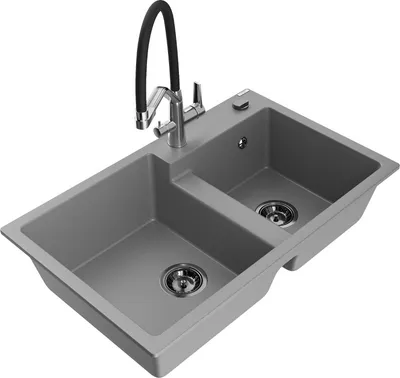 Produktbild von Mexen Tomas 2-Becken-Granitspüle mit Mischbatterie Duo, Grau - 6516-71-671701-07-B