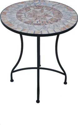 A round mosaic table with a black metal base.