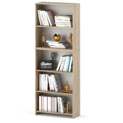 A tall, narrow, light-colored wooden bookshelf filled with books and decorative items.