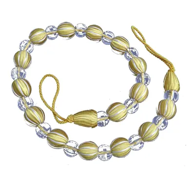 Immagine prodotto di Supporto per tende moderno - Perle di cristallo/rayon - Oro - 75 cm - Sistema di ritenzione a cravatta - Per soggiorno/home office - Filo per tende