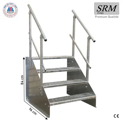 A galvanized steel staircase with four steps and handrails, shown against a white background with dimensions indicated.