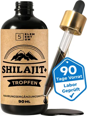 Zdjęcie produktu dla Krople Himalaya Shilajit - 100% Pure Himalaya Mumijo - Płynny ekstrakt z 85% kwasem fulwowym - Wysoka dawka i szybko się wchłania - 90 ml = zapas na 3 miesiące - Wegańskie i testowane laboratoryjnie (Eurofins)