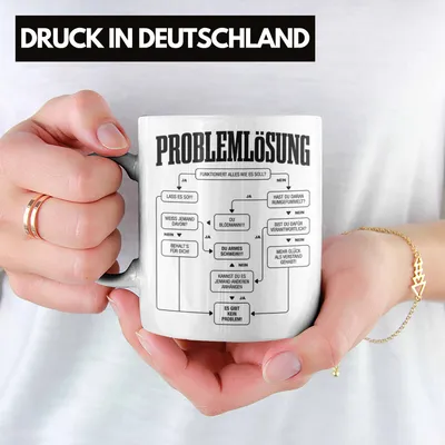 Produktbild von trendation Tasse, Weiß, mit Spruch 'Problemlösung', spülmaschinen- & mikrowellentauglich, beidseitiger Druck, lustig, hochwertig. Geschenk für Männer: Ingenieure, Physiker, Mathematiker, Papa, Vater, Onkel, Lehrer, Kollegen. Ideal für Valentinstag, Weihnachten, Geburtstag.