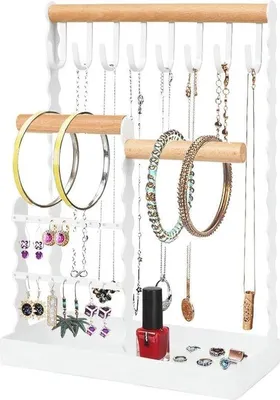 Produktbild von Famanu Schmuckhalter mit Holzringablage und Aufbewahrungshaken für Ketten, Armbänder und Ringe