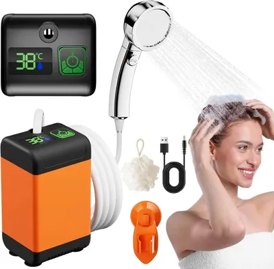 Produktbild von Tragbare Campingdusche mit 6000-mAh-Akku, LED-Temperaturanzeige und 3 Duschmodi für Camping, Reisen und Haustierpflege
