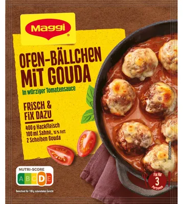 Verpackungsbild Maggi Fix für Ofen Bällchen mit Gouda in würziger Tomatensauce 43g