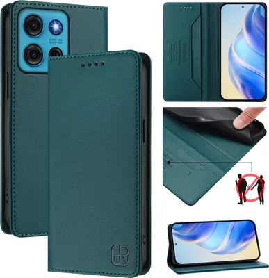 Image de Etui en cuir pour Motorola Moto G75, étui à rabat avec fentes pour cartes, portefeuille et support Vert foncé