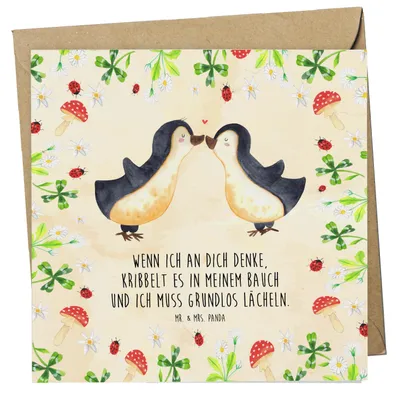 Produktbild von Mr. & Mrs. Panda Grußkarte Pinguine Kuss - Naturpapier - Geschenk, Freund, faltkarte, Klappkarte, doppelkarte, Mitbringsel, Glückwunschkarte, Hochzeitstag, Freundin, für