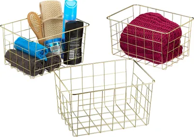 Produktbild von Relaxdays Drahtkorb 3er Set, rechteckig, Gitterkorb zur Aufbewahrung, HBT: 15,5 x 28 x 20 cm, Deko Metallkorb, gold