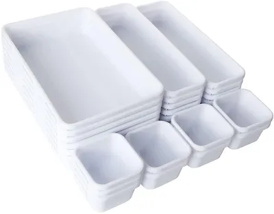 Zdjęcie produktu dla Zestaw 24 organizerów do szuflad - plastikowe - 3 rozmiary - białe - do biura/kuchni - idealne do przechowywania - pojemniki do przechowywania