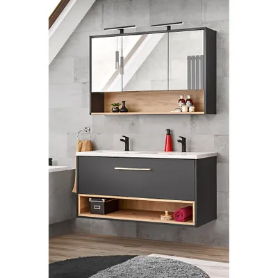 Produktbild von Waschplatz Set mit Doppelwaschbecken BOLOGNA-56 in anthrazit mit Artisan Eiche Nb., B/H/T: ca. 121/200/46 cm