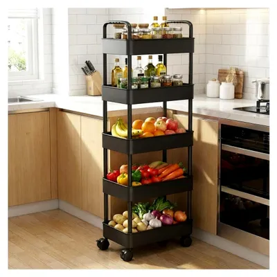 Produktbild von Küchenwagen mit 5 Ebenen, Regal auf Rollen mit Griff, Servierwagen, Bastelwagen, Nischenregal für Küche, Badezimmer, Schlafzimmer, Büro, 41 x 28 x 128 cm, Schwarz