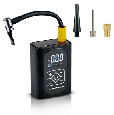 Image de Mini-compresseur numérique Dunlop 150PSI - Pompe à vélo électrique avec fonction Powerbank - Pompe à air à batterie pour pneus de voiture et de vélo - Rechargeable par USB - avec 3 adaptateurs et éclairage LED