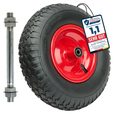 Image de Roue de rechange GARRONDA pour brouette 4.00-6, roue de brouette Ø 320 mm, pneu à air 2PR, charge maximale 90 kg, avec axe, jante en acier et roulement à billes, pour brouettes de jardin, de cour ou de chantier GD-0163, noir-rouge