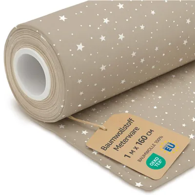 Imagen del producto de Tela de algodón a metros, 1 metro x 160 cm. Telas para coser, hechas de algodón puro. Ideal para forro, decoración, patchwork, lienzo y costura. Color beige con estrellas blancas, certificado