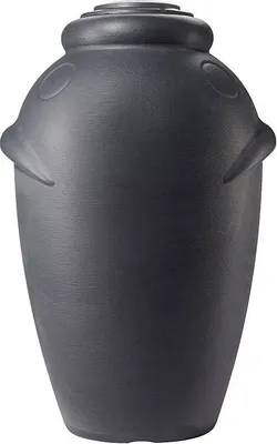 A dark gray rain barrel shaped like an amphora.