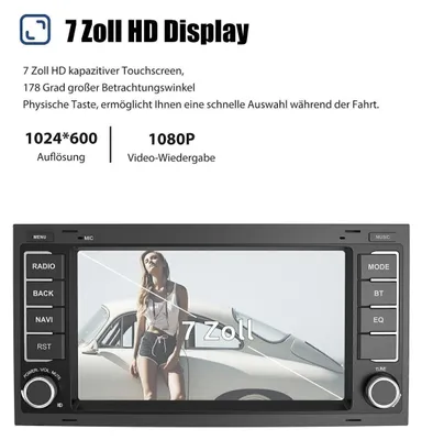 Obrázek produktu pro Autorádio Android 12 s GPS navigací, kompatibilní s Carplay a Android Auto, pro VW Touareg T5, Transporter, Multivan, 7palcový dotykový displej, formát Double DIN, 2 GB RAM, 32 GB paměti