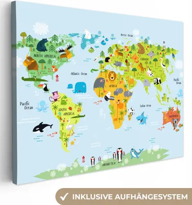 Obrázek produktu pro OneMillionCanvasses® - Plátna - Mapa světa - Děti - Zvířata - Příroda - Chlapci - Dívky, nástěnné umění, nástěnné dekorace Obývací pokoj, 120x90cm