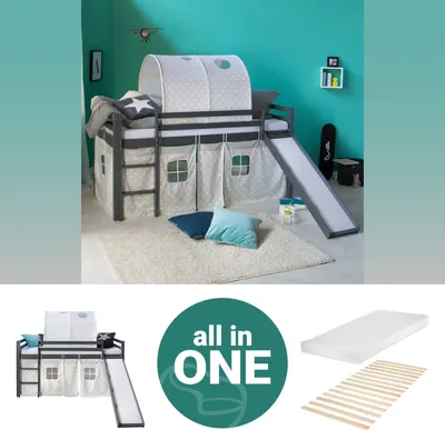Produktbild von Homestyle4u Kinder Hochbett 90x200 grau mit Matratze Lattenrost Rutsche