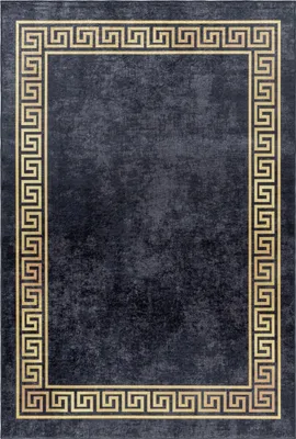 A rectangular rug with a dark gray textured surface and a gold Greek key border.
