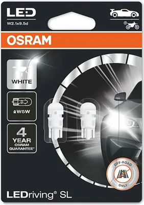 Packaging for OSRAM LEDriving SL bulbs, showing two bulbs and a car headlight.