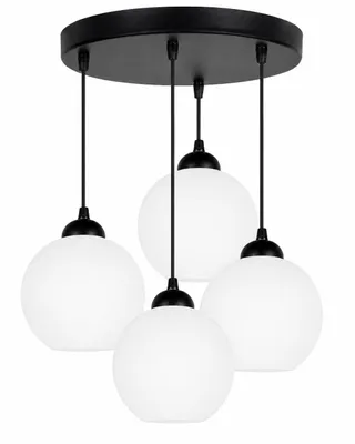 Productafbeelding van Moderne hanglamp met 4 lampen, zwart, met witte glazen kapjes – Hanglamp E27, gemaakt van metaal en opaalglas (N-KDE-ER4), AI-gegenereerde afbeelding