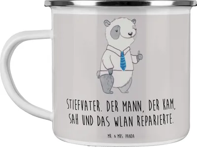 Produktbild von Mr. & Mrs. Panda Emaille Tasse Stiefvater Held - Grau Pastell - Geschenk, herzerwärmende Sprüche, blechbecher, Stiefkinder, Familie, Teetasse, Technik, Becher, Pott
