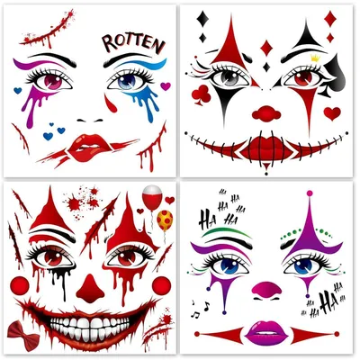Produktbild von Halloween Tattoos Gesicht Clown Blutige Narben 4 Bögen Temporär für Kostüm Karneval