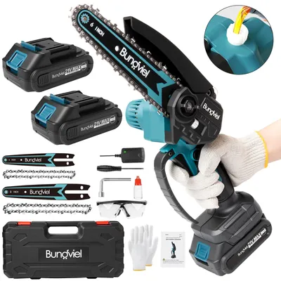 Produktbild von Mini Kettensäge mit Akku, 6 + 8 Zoll Akku Kettensäge mit 2 * 2.0Ah Akkus und Ladegerät,  Einhand Kettensäge Elektrisch für Gartenbäumen Astschere