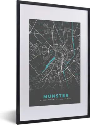 Produktbild von MuchoWow® Gerahmtes Poster Deutschland - Blau - Münster - Stadtplan - Karte 40x60 cm - Poster mit Schwarzem Bilderrahmen Wandposter Rahmen Foto Bilder - Poster in Rahmen