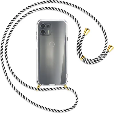 Produktbild von Handykette Backcover-Schutzhülle mit Band (Metall goldfarben) für Motorola Edge 20 Lite (XT2153-1) - schwarz/weiß gestreift
