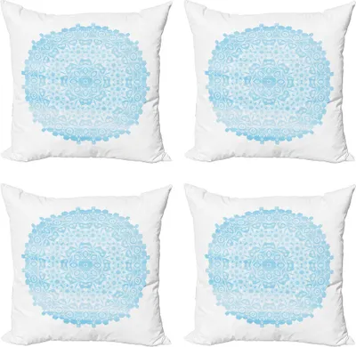 Zdjęcie produktu dla ABAKUHAUS Niebieski zestaw poszewek na poduszki Mandala (4 sztuki), akwarelowe kwiaty, nowoczesny dwustronny nadruk cyfrowy, 45 cm x 45 cm, jasnoniebieski, jasnoniebieski