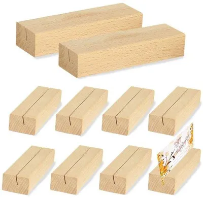 Image de Lot de 10 supports de table en bois, porte-photos avec étiquette, supports de table en bois naturel de haute qualité