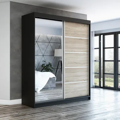 Produktbild von Schwebetürenschrank GAP 180 cm 2-türig Schrank mit Spiegel. Farbe: Schwarz / sonoma