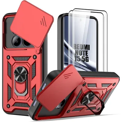Image de Coque + 2 Verres Trempés pour Xiaomi Redmi Note 15 5G/4G, avec Anneau et Protection Caméra - Rouge