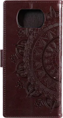 A close-up view of a brown leather flip case for a smartphone, featuring an embossed mandala pattern.