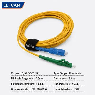 Image de Elfcam - Câble à fibre optique de 50 m, connecteurs LC/APC vers SC/UPC pour FRITZ!Box, câble de raccordement Simplex 9/125 µm OS2, fibre optique LSZH (50 m)