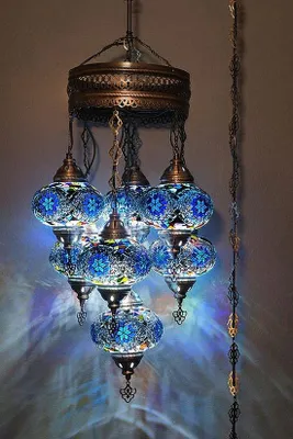 Immagine prodotto di Lampada a sospensione turca a 7 luci in vetro mosaico blu – lampada da soffitto orientale con 7 sfere di vetro