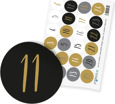 Produktbild von itenga 24x Zahlensticker Z52 Schlicht Schwarz Weiß Gold Grau 1-24 I 2,0cm