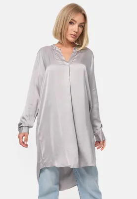Produktbild von Rayshyne Selected Edle Damen Longbluse Oversize Bluse mit Seide Anteil Satin Elegante Business Damenbluse Grau Einheitsgröße Gr. 34 - 38 PM07