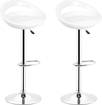 Two white bar stools with chrome bases and adjustable height.
