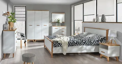 Produktbild von Schlafzimmermöbel Schlafzimmer Komplett - Set B Panduros, 7-teilig, Farbe: Kiefer Weiß / Eiche Braun