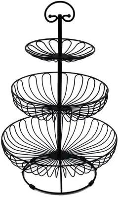 Produktbild von Ibenzoa® 3‑stufiger Obstständer für Küche – schwarzes Metall, Ø 30 cm, H 47 cm, Körbe Ø 30 / 24,5 / 16,5 cm