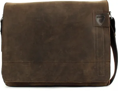 A close-up, front-facing studio shot of a brown leather messenger bag.