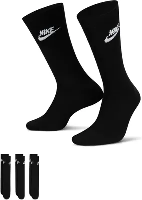 Two pairs of black Nike crew socks are displayed prominently, with three additional pairs shown in a smaller arrangement below.