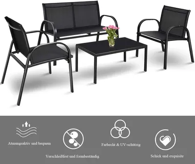 A black outdoor furniture set consisting of a loveseat, two chairs, and a coffee table, displayed on a white background with feature icons below.