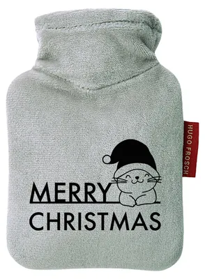 Produktbild von Huuraa Mini-Wärmflasche Merry Christmas Katze 0,2 Liter Grey Mini Veloursbezug Taschenwärmer Geschenkidee